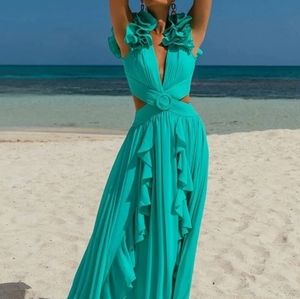 PatBO Flutter Sleeve Maxi Dress Cyan  Green Cut Out Boho Resort 2 NWT $825